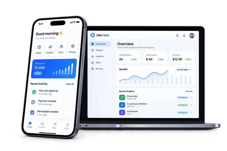 Phone and laptop showing examples of mobile app and web dashboard design